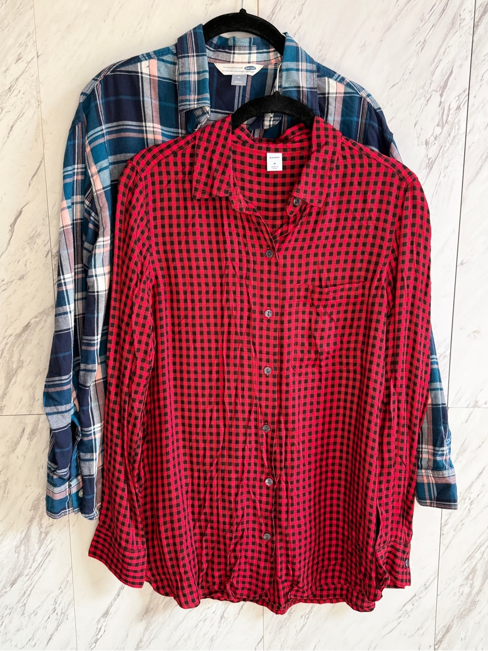 Bundle 2 Old Navy Flannel Shirts Womens Medium Red Black Check Blue Plaid